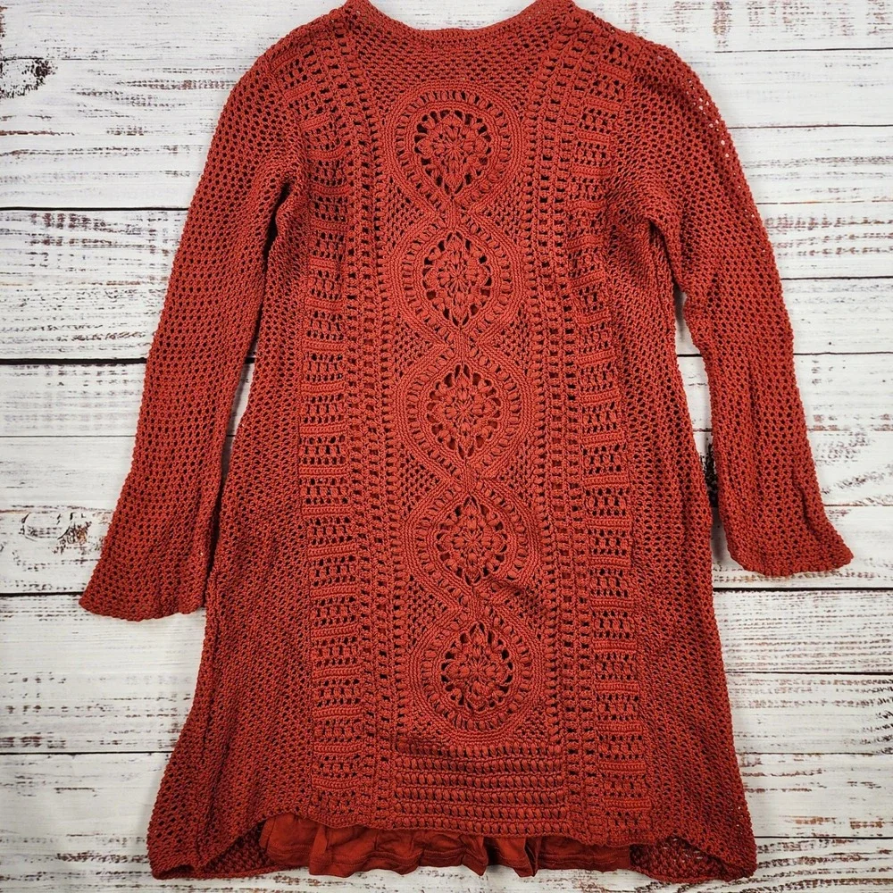 Free People Rosalind Crochet Mini Dress SP Small Petite Orange Boho Bell Sleeve